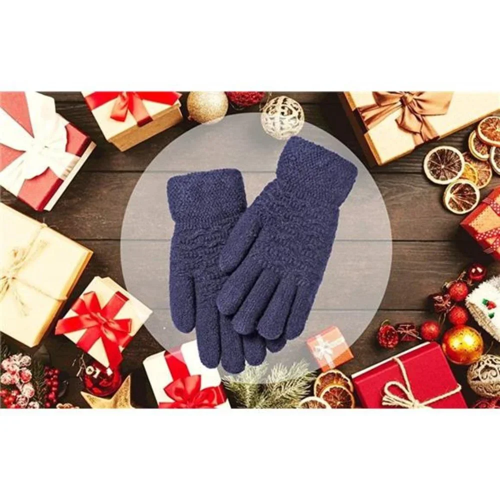 Women's Thermal Cable Knit Wool Fleece Lined Glove for Cold Weather, Navy Blue